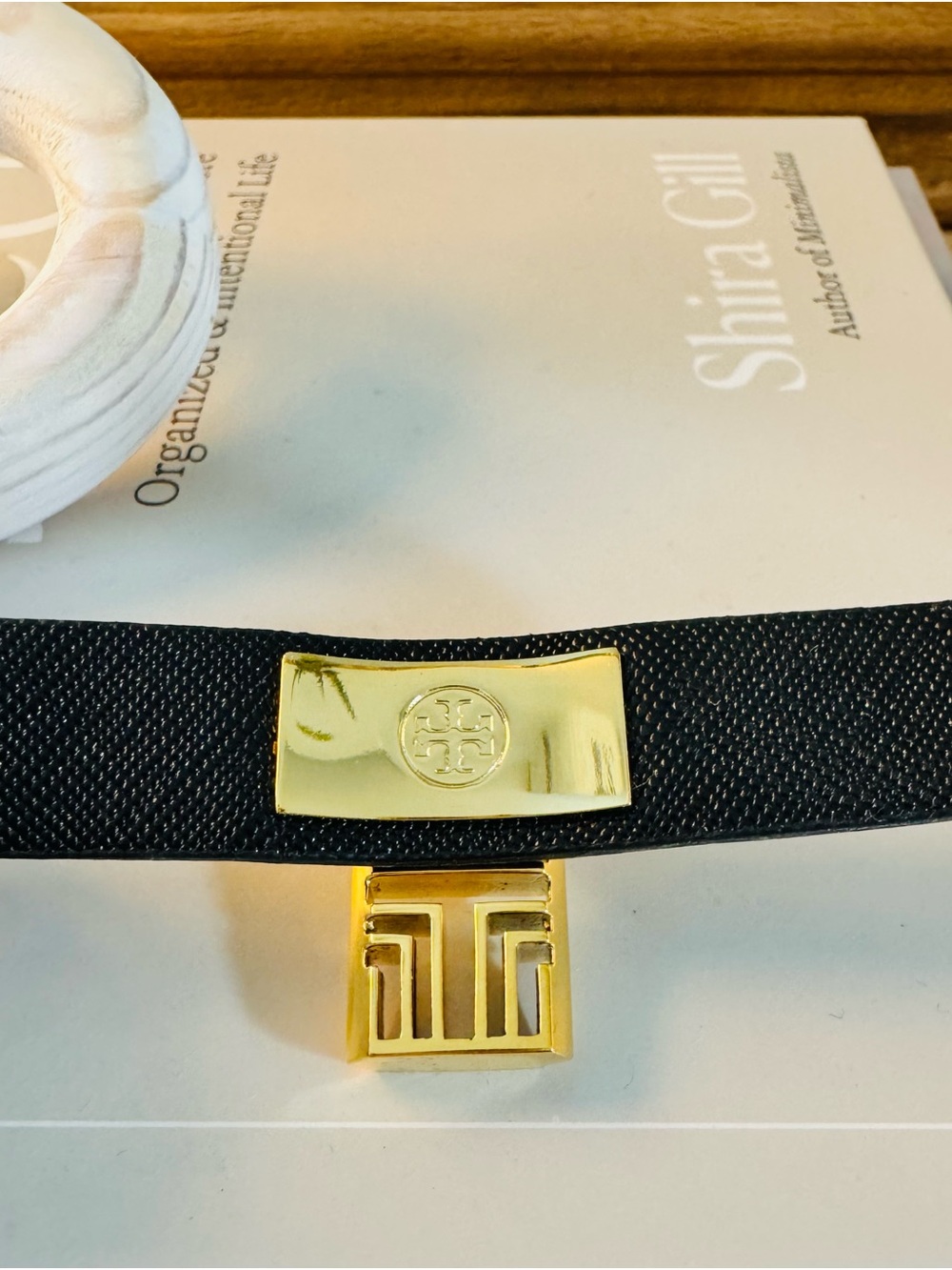 Authentic Tory Burch Black Textured Leather & Gold Logo Lock Bracelet - Picture 9 of 13